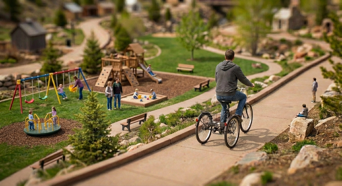 Un parco giochi con famiglie e bambini e un uomo in triciclo lungo un vialetto