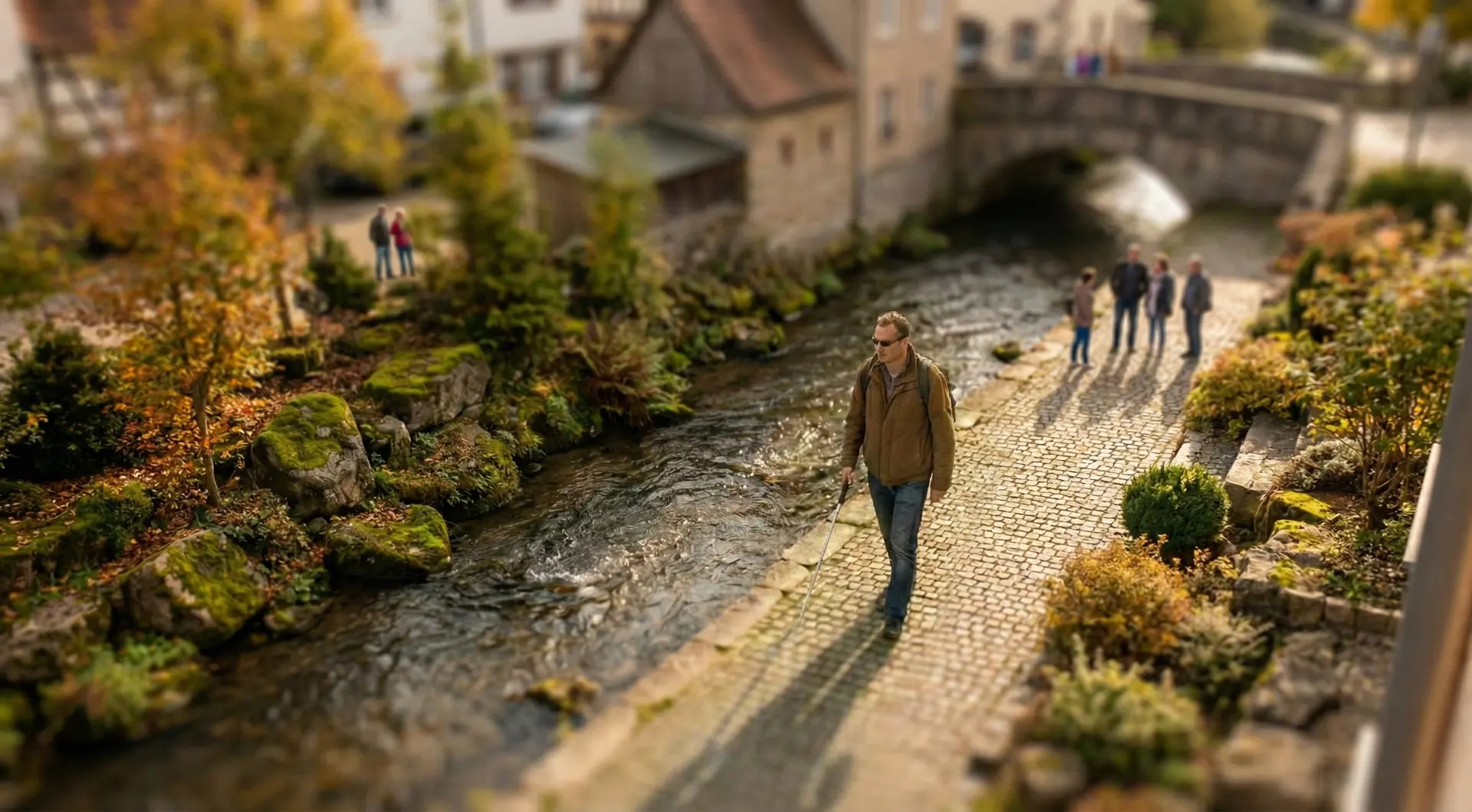 Un uomo con bastone bianco cammina lungo un torrente in un borgo